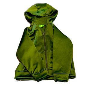 Shiny green zip up coat.